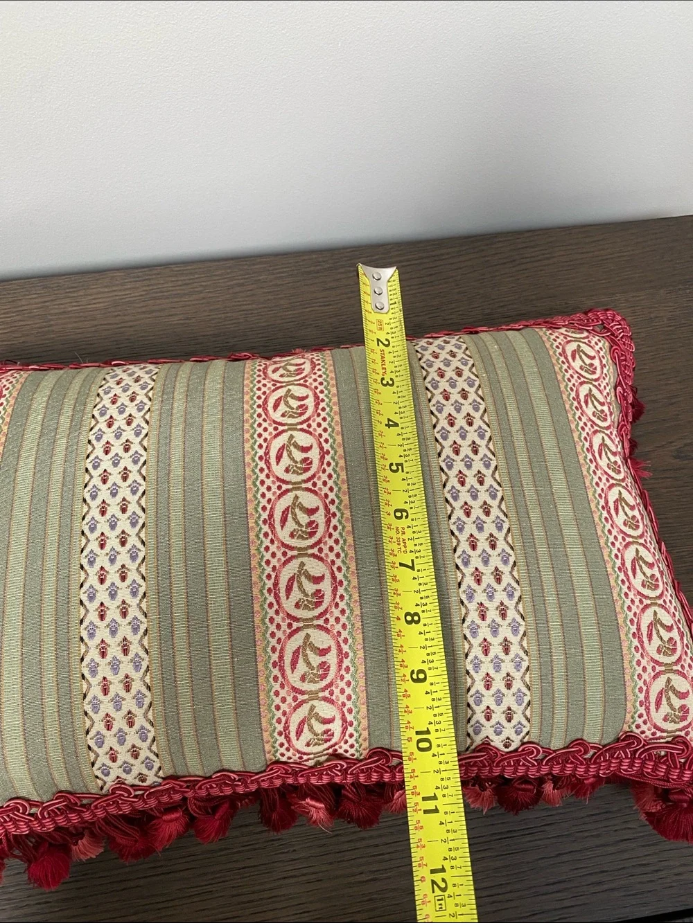 Custom Striped Down Accent Pillows in Sage Green and Burgundy red tassel
